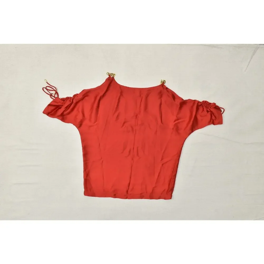 Michael Kors Women's Size XS Red Cold Shoulder Blouse Gold Chain Hardware Batwin